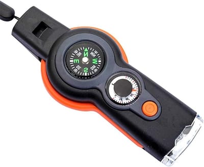 Multifunctionele Noodfluit met Kompas, Thermometer en LED Licht voor Hiking, Camping en Overleving