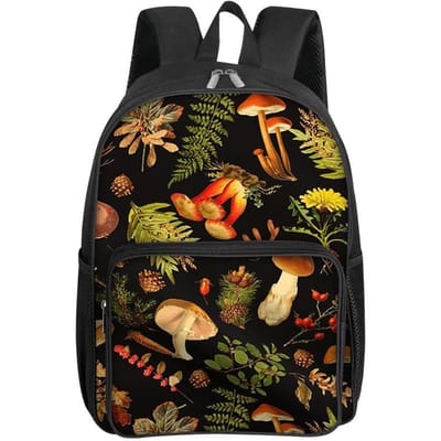Jungle Paddestoelen Patroon Vierkante Voorvak Rugzak voor Jongens en Meisjes Beste Cadeaus 2D Platte Cartoon Schooltassen voor Kinderen black