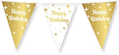 10 meter vlaggenlijn Wit/Goud folie - Happy Birthday - 12 vlaggen - 30 cm - Dubbelzijdig gedrukt - Glimmende folie