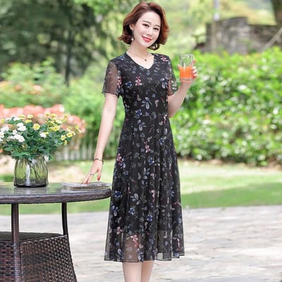 Robe d'été mi-longue en mousseline de soie, grande taille, imprimé Floral, au-dessus du genou, col en v, manches courtes, taille élastique XXXL noir