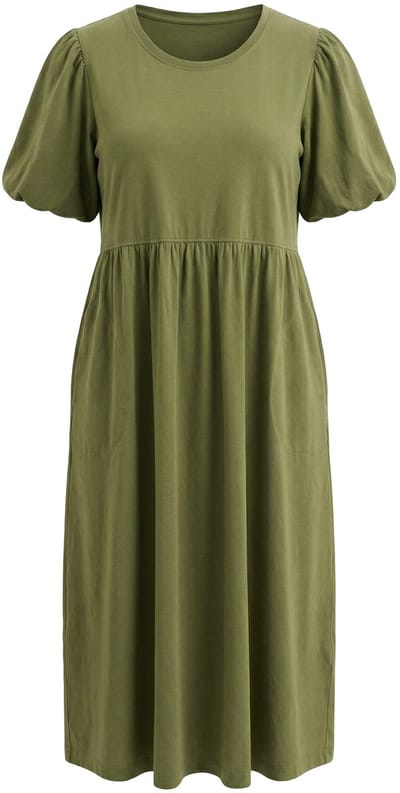 Ulla Popken - Dames - Maxi-jurk A-lijn ronde hals korte ballonmouw zakken - Olijf - Maat 50+