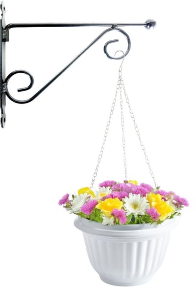 Hangpot + Muurhaak Pisa - wit - D20 cm - kunststof - metaal - tuinaccessoires