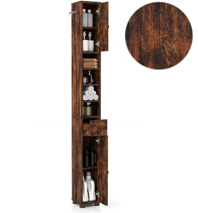 COSTWAY Badkamerkast hoog kast smal, Opbergkast met 2 deuren, 1 lade en verstelbare planken, ruimtebesparend badkamerrek voor badkamer, woonkamer, keuken, 20 x 20 x 180 cm