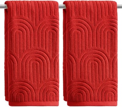 Dailygoods - Set van 2 Zachte Badhanddoeken met 3D Rood Gebogen Strepen