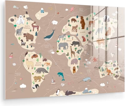 ® Glasschilderij 180x120 cm - Schilderij acrylglas - Wereldkaart kinderen - Dieren - Bruin - Jongens - Meisjes - Foto op glas - Muurdecoratie woonkamer - Wanddecoratie slaapkamer - Schilderijen