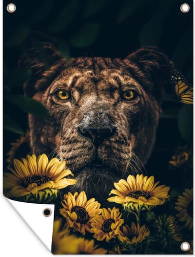 Tuin decoratie Leeuw - Bloemen - Dieren - Botanisch - 30x40 cm  - Tuindoek