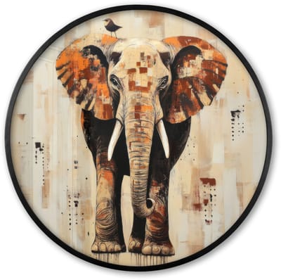 Poster in lijst Rond - Fotolijst 60x60 cm - Posters - Olifant - Slurf - Mozaïek - Abstract - Ronde posterlijst zwart - Decoratie - Wanddecoratie woonkamer - Muurdecoratie slaapkamer