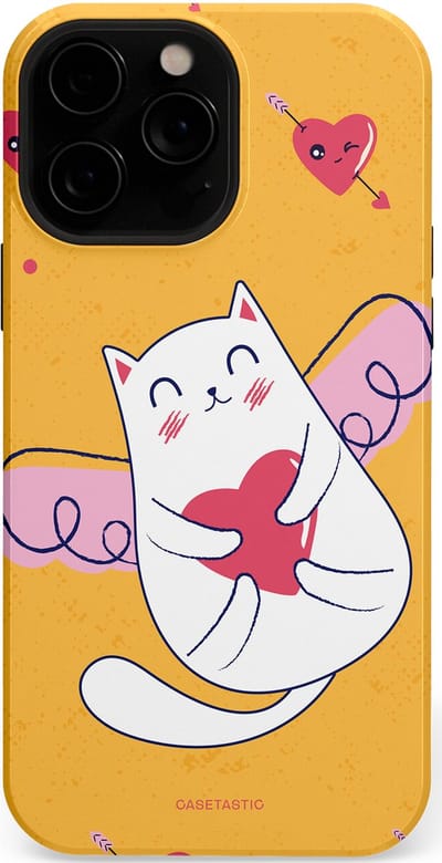 Casetastic Hoesje Geschikt voor Apple iPhone 13 Pro Max Magsafe - Stijlvolle Beschermende Duo-layer Case - Kattenflirt Geel Rode Hartjes Liefde