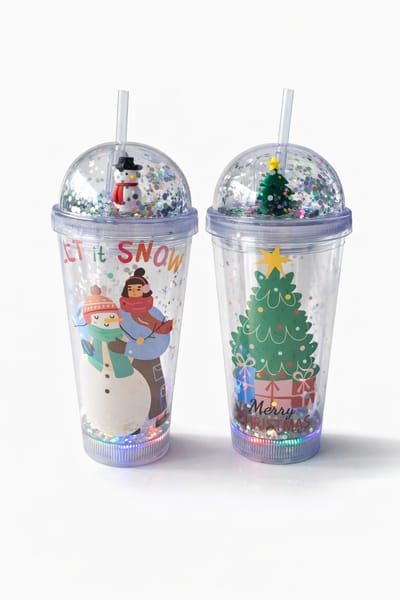 EasyMart Kerst Drinkbekers 500 ml met LED – Set van 2 – Met Deksel, Rietje en Glitters – Inclusief Batterijen – Sneeuwpop en Kerstboom – Kerstcadeau voor Kinderen