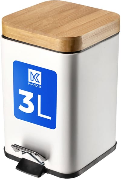 KADAX Afvalemmer van gepoedercoat staal, 3 liter, emmer met bak en voetpedaal, afvalemmer met softclosemechanisme, vuilnisemmer met bamboedeksel (wit)