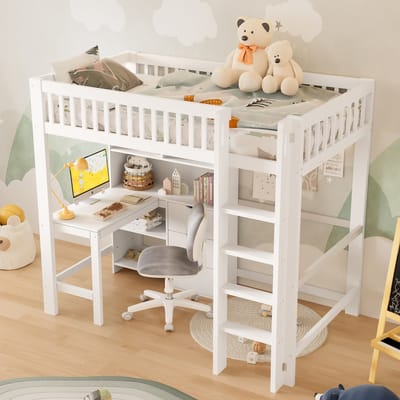 DESMIU Hoogslaper 90x200 cm Met Bureau En Meerdere Opbergvakken Met Ladder En 3 Lades Voor Kinderkamer Massief Grenenhout En MDF Wit Zonder Matras