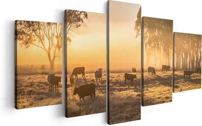 Artaza Canvas Schilderij Vijfluik Kudde Koeien In De Wei Met Zonsopkomst - 100x50 - Foto Op Canvas - Canvas Print