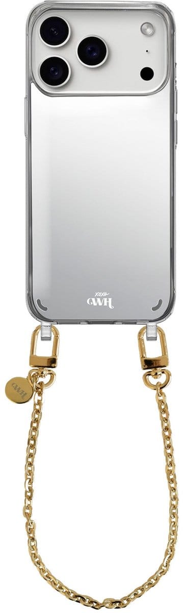 xoxo Wildhearts hoesje met spiegel geschikt voor iPhone 17 Pro Max case - Dreamy Mirror Case - Kort koord - Siliconen telefoonhoesje met spiegel - Schokbestendig - Gouden schakelketting