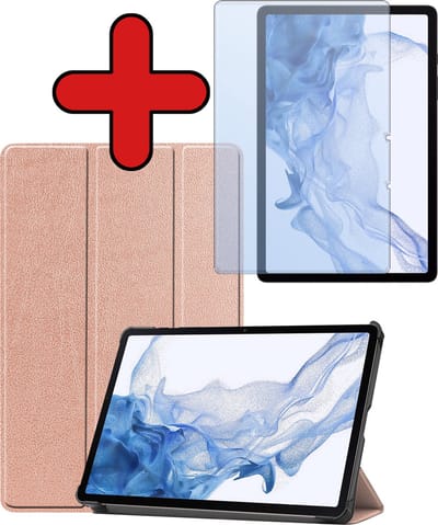 Hoesje - Geschikt voor Samsung Galaxy Tab S9 - Met Screenprotector - Trifold Bookcase Hoes - Hard Cover Case - Met Uitsparing Geschikt voor S Pen - Hardcover Book - Tablethoes - Rosé goud