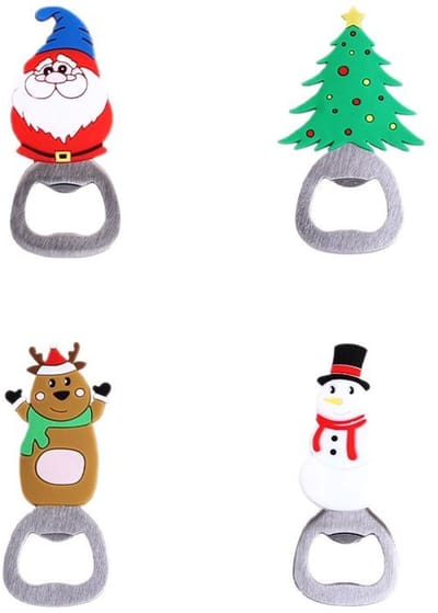 4 stuks - Flesopener - Kerstversieringen - Met kerstmotieven - Magnetisch - Flesopener - Roestvrij staal - Geschikt voor wijn- en bierflesjes - Diverse kleuren