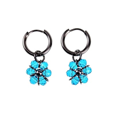 ∅14mm x 2mm Oorringen Dames - Gepolijst RVS - Turquoise Gefacetteerde Kristallen Bloem Hanger - Bungelende Oorbellen