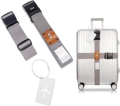 Verstelbare en Gepersonaliseerde Kofferbanden met Trunk Hanger en Adreslabel - Veiligheid voor Bagage (2 Stuks, Grijs)