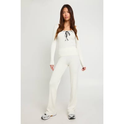 boohoo Dames Contrast Vetersluiting Detail Geribbelde Brei Co-ord | Ivoor | Maat: Medium
