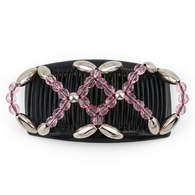 Magic hair clip – double comb – roze met zilver – elastische kralen haarclip – sterke grip – beaded hair comb – voor dik en dun haar – opsteekkapsels