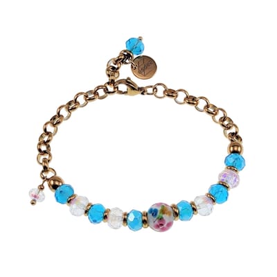 15cm tot 20cm Armband Dames - Verguld RVS - Ronde Schakelarmband met Turquoise Kristallen en Witte Murano-Glaskraal