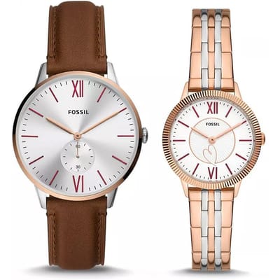 Ensemble 2 Pièces Âge de Pierre Edison Casual Quartz Montre de Couple ES5176SET, Montre Homme et Femme Bracelet Cuir/Acier white