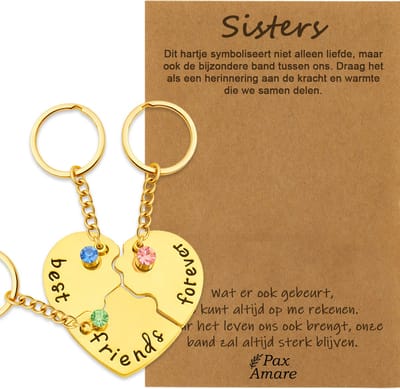 BFF Sleutelhanger voor 3 Sisters' - Hartje Puzzelstukjes & Kristal - Sleutelhangers op Cadeau Kaartje - Goudkleurig - Vriendschap Symbool - Pax Amare