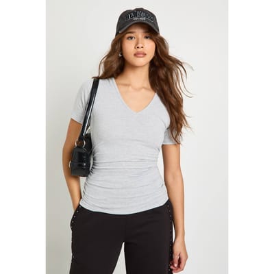 boohoo Dames T-shirt met V-hals, geplooide taille en korte mouwen | Grey Marl | Maat: 8