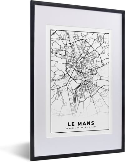 Fotolijst incl. Poster Zwart Wit- Plattegrond - Kaart - Le Mans - Frankrijk - Stadskaart - Zwart wit - 40x60 cm - Posterlijst
