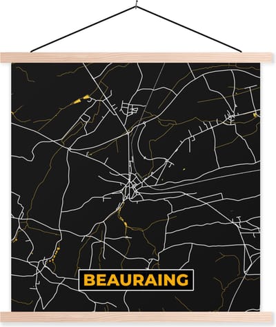 Posterhanger incl. Poster 40x40 cm - Schoolplaat - Goud - Stadskaart - Beauraing - Kaart - Plattegrond - Textielposter - Blanke latten - Stadskaart