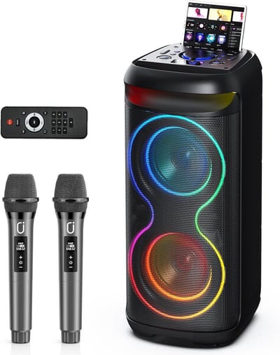 Karaoke Luidspreker - Draagbaar Systeem - Feest Muziek - Met 2 Microfoons - 24x11x10 Inch - Zwart