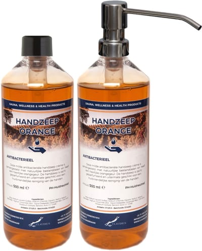 Handzeep Orange 500 ml - set van 2 stuks - met gratis RVS zilverkleurige pomp - Voordeelverpakking