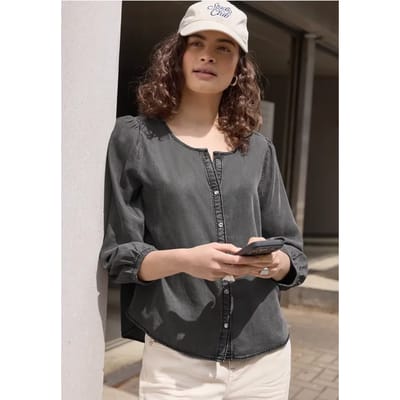 Jeansblouse met 3/4-mouwen en ronde hals