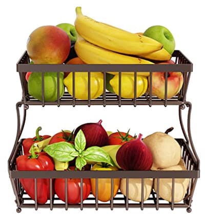 2-Tier Fruitmand voor Keuken - Afneembare Metalen Rechthoekige Draad Mand