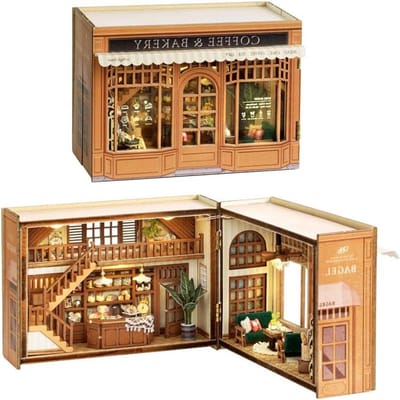 Miniatuur Poppenhuis - Houten Knutselset - Creatief Bouwen - Gedetailleerd Ontwerp - Schaal 1:32 - Koffie Bakkerij