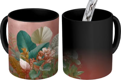 Magische Mok - Foto op Warmte Mokken - Koffiemok - Tropische bladeren - Bloemen - Roze - groen - Magic Mok - Beker - 350 ML - Theemok