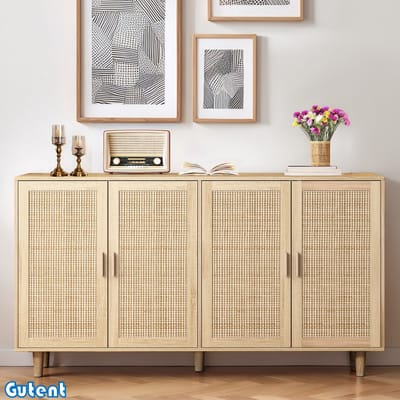 Gutent Opbergkast-158CM -Elegant en praktisch-Vier deuren met rotan decoratie-Natuurlijke kleur