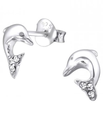 Joy|S - Zilveren dolfijn oorbellen - 6 x 8 mm - zilver met kristal - oorknoppen