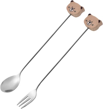 2 stuks - Vork + Lepel - Beer - Roestvrij staal - Wit esdoornhout - Te gebruiken als koffieroerlepel, honinglepel, etc. - Kleur zoals afgebeeld