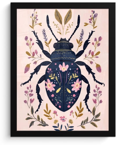 Poster in lijst - Fotolijst 30x40 cm - Posters - Donkerblauw - Kever - Bloemtakken - Sierlijk - Posterlijst zwart - Decoratie - Wanddecoratie woonkamer - Muurdecoratie slaapkamer