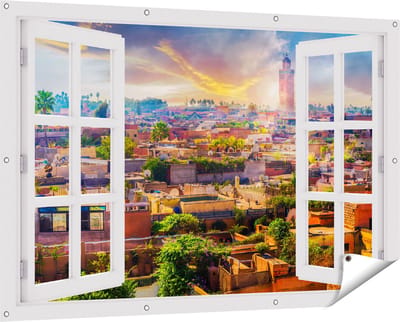Gards Tuinposter Doorkijk Medina van Marrakesh in Marokko - 150x100 cm - Tuindoek - Tuindecoratie - Wanddecoratie buiten - Tuinschilderij