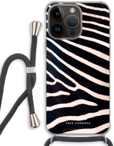 Case Company® - Hoesje met koord geschikt voor iPhone 14 Pro Max hoesje met Koord - Zebra - Telefoonhoesje met Zwart Koord - Bescherming aan alle Kanten en Over de Schermrand