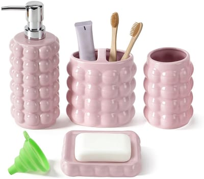Badkameraccessoireset 4-delig, zeepdispenser, tandenborstelhouder, beker, zeepschaal, badkameraccessoireset met kiezelsteenstructuur, moderne wastafel wastafel badkamer (roze)