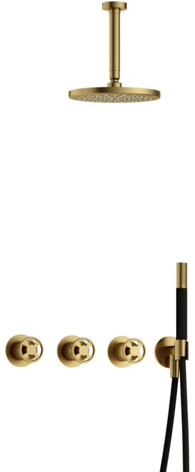 Hotbath Cobber - CW7067 - Inbouw Regendoucheset - Geborsteld Messing PVD - 2 Stopkranen - Thermostatisch - Plafondbuis 15 cm - Hoofddouche 200 mm - Ronde Handdouche - Waterbesparend