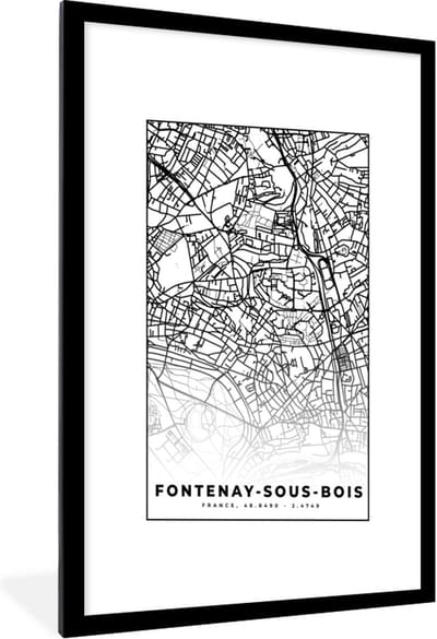 Fotolijst incl. Poster Zwart Wit- Frankrijk - Plattegrond - Fontenay-sous-Bois - Stadskaart - Kaart - Zwart wit - 60x90 cm - Posterlijst