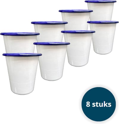 Emaille bekers - Emaille mokken - Emaille Servies - Wit - 8 stuks