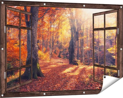 Gards Tuinposter Doorkijk Oranje Herfstbos met Zonneschijn - 120x80 cm - Tuindoek - Tuindecoratie - Wanddecoratie buiten - Tuinschilderij