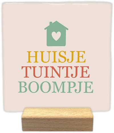 Huisje tuintje boompje - Keramische decoratie tegel - incl. houten presenteerblok