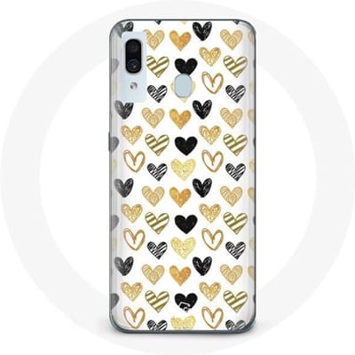 Coque pour Samsung Galaxy A20 Fond de texture abstraite coeurs noir jaune et gris