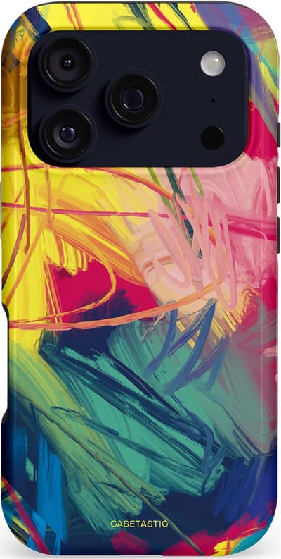 Casetastic hoesje geschikt voor Apple iPhone 17 Pro - MagSafe - Dubbellaagse bescherming - Kleurenstorm - Fashion Case - Donkerblauw Geel Roze Bordeaux