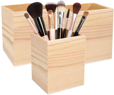 Excellent Houseware Make up organizer bakje - 3x - hout - 8 x 8 x 10 cm - vierkant - sorteerbakje - kwasten